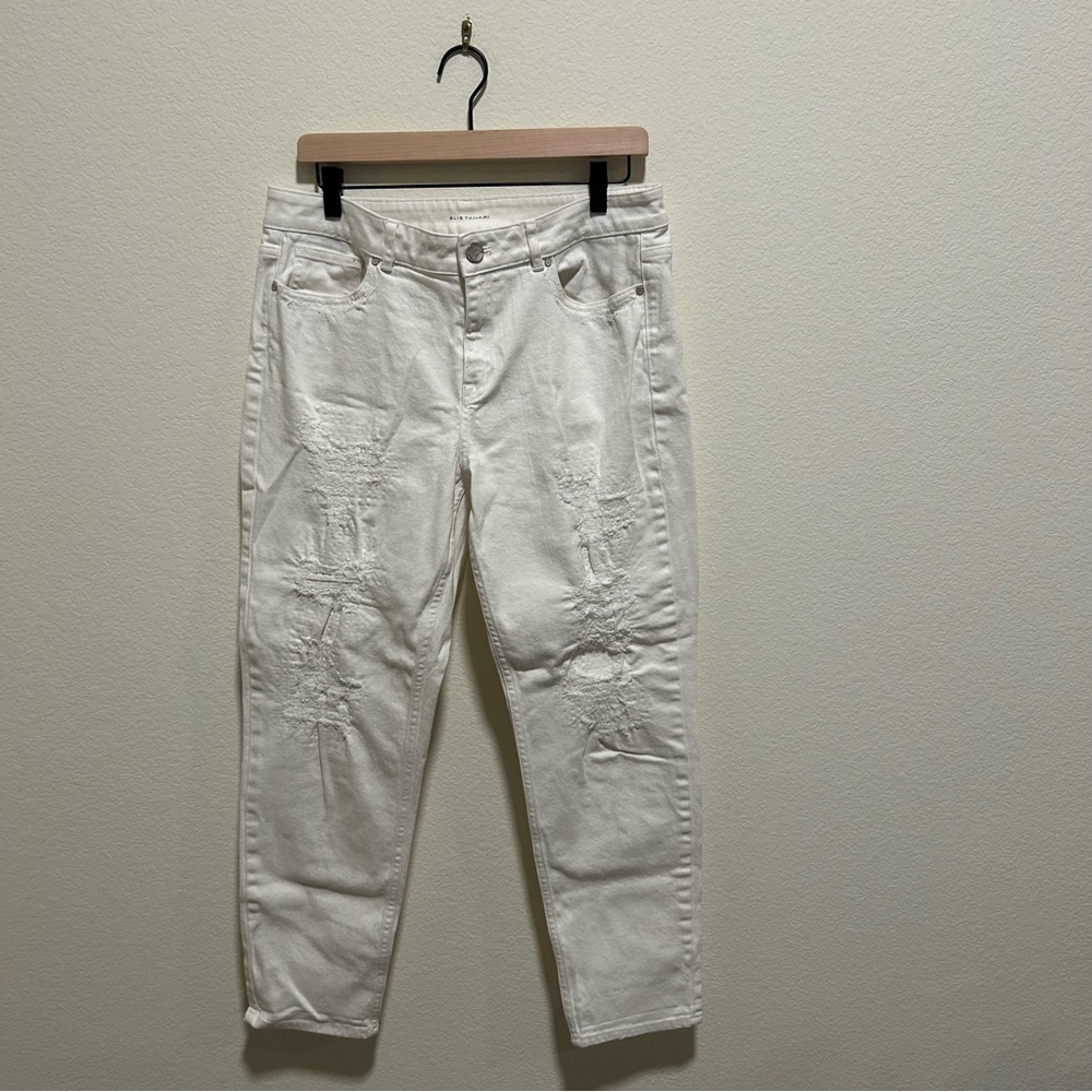 Elie Tahari white distressed detail Denim Pants Ryan jean low rise boyfriend